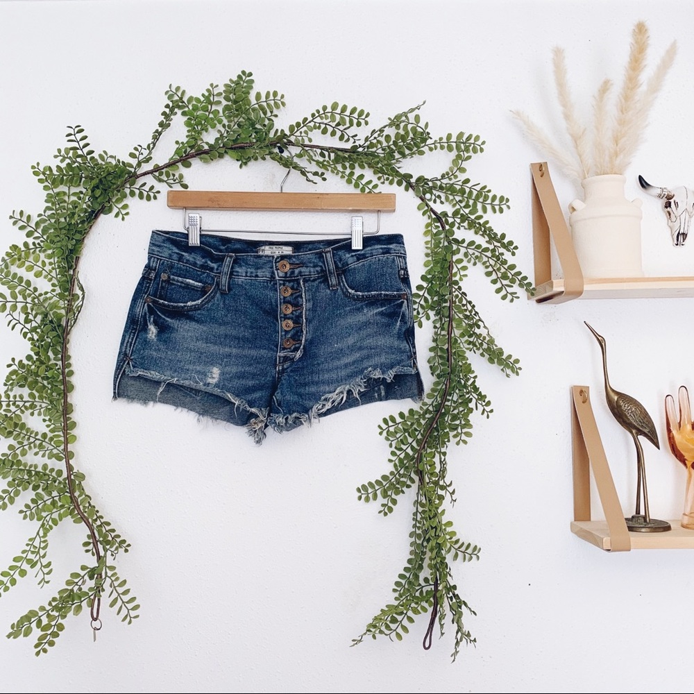 Free People Distressed Slouchy Cut Off Button Fly Shorts